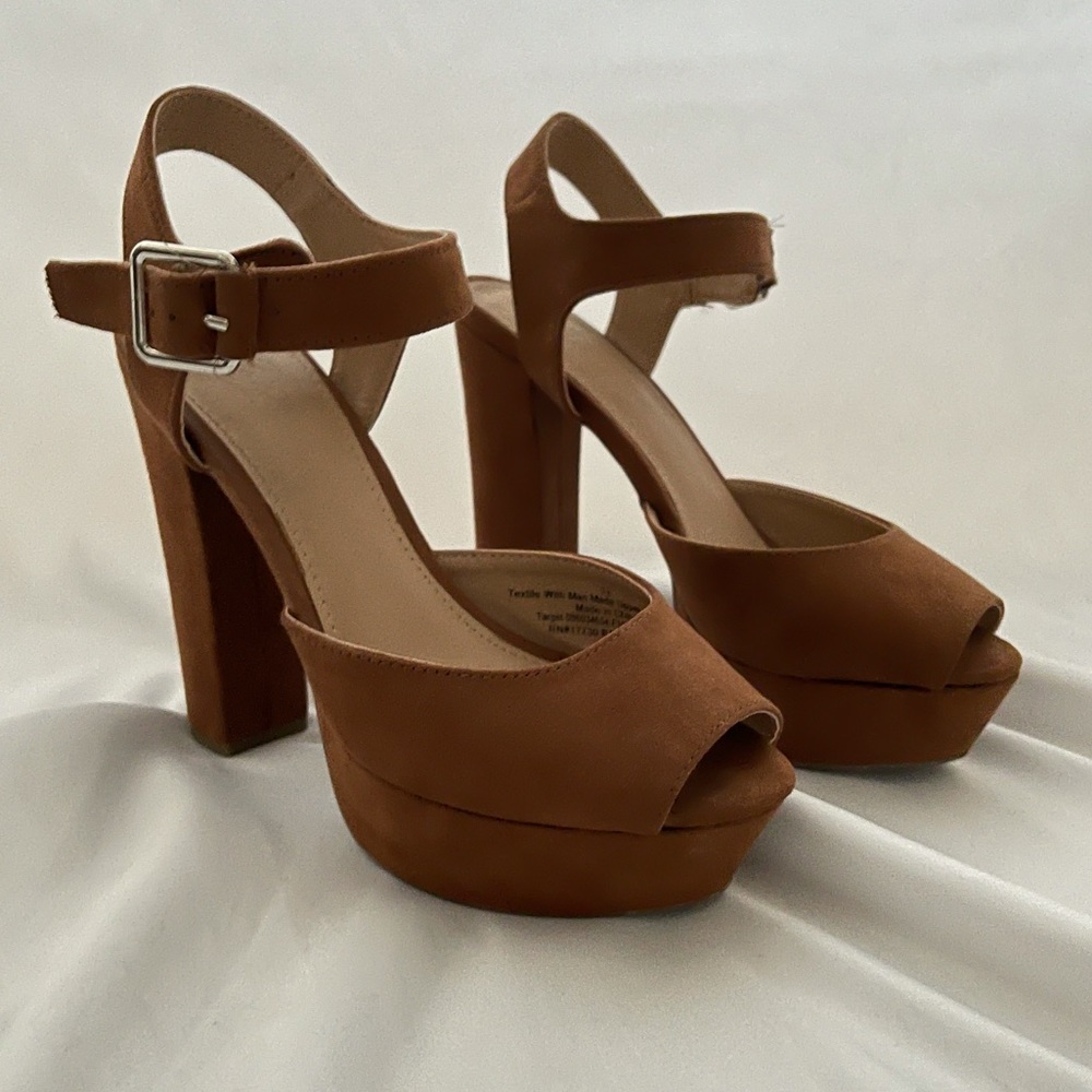 Platform suede ankle strap peep toe heels